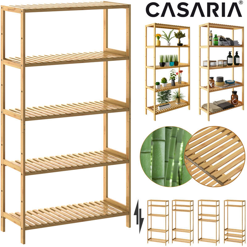Casaria Bathroom/Kitchen Bamboo Stand Shelving Unit with 5 Floors Flower Stand Bookshelf Towel Rack Shoe Rack - Height Adjustable 130 x 60 x 26 cm