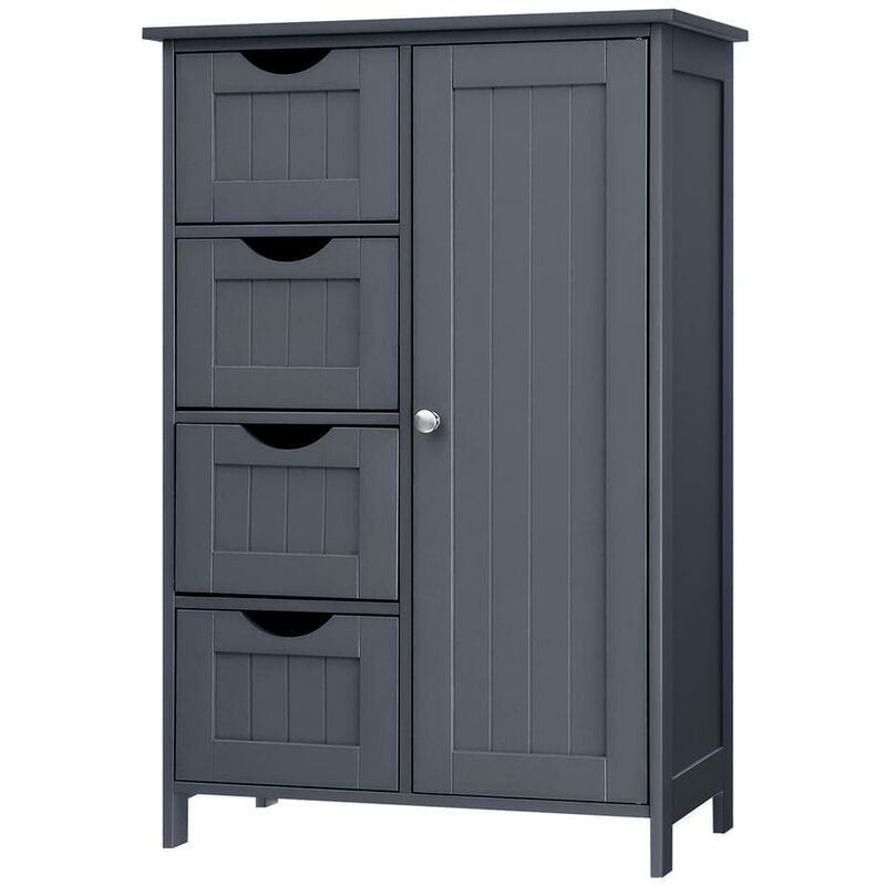 Vasagle Bathroom Floor Storage Cabinet, Wooden Storage Unit with 4 Drawers, Single Door, Adjustable Shelf, for Living Room, Kitchen, Entryway, Grey