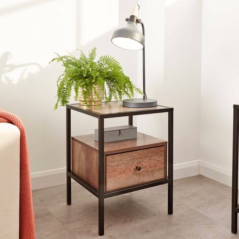 main image of "Wooden Two Tone Mango Side Lamp Table Storage Drawer Living Room Furniture"