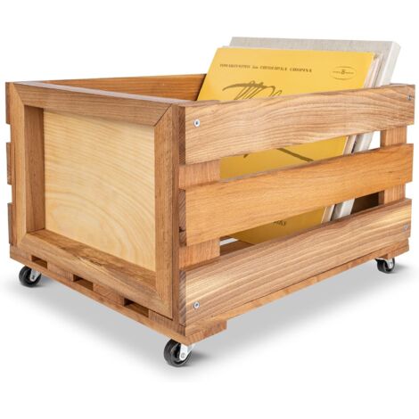 Wooden Vinyl Storage Crate with Wheels 46 x 36 x 29 cm