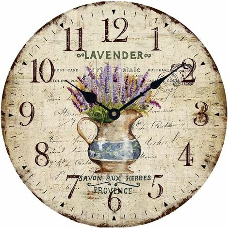 Wooden Wall Clock 12 Vintage French Country Printed Potted Lavender Romantic Shabby Chic Large Decorative Roman Numerals Analogue Battery Operated Silent for Home Decor