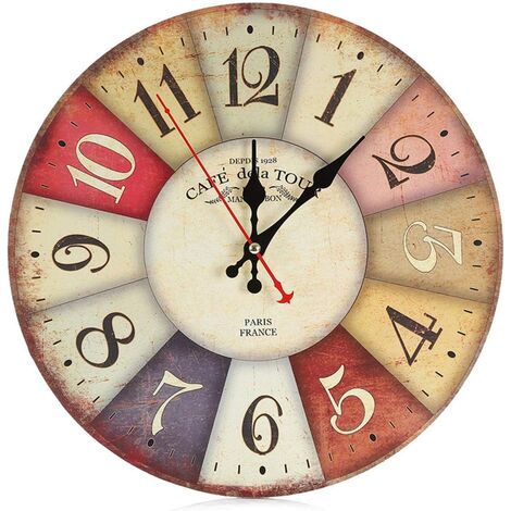Wooden wall clock - 30 cm retro large numbers - Silent without ticking wall clock for kitchen, living room