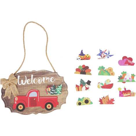 Wooden Welcome Sign with 12Pcs Interchangeable Seasonal Icons Wall Hanging Plaque for Front Door