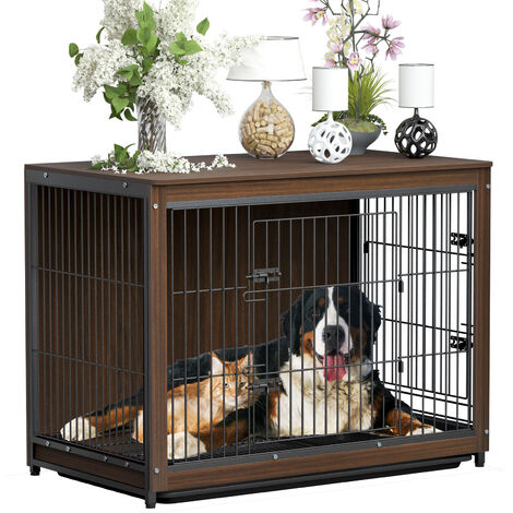 main image of "Wooden Wire Pet Kennel Double Doors Furniture End Table Dog Crate with Toilet Tray, Extra Large 97.5 x 59 x 75.7 cm"