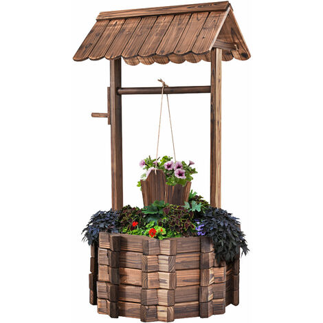 Wooden Wishing Fountain Outdoor Garden Decorative Planting Fountain with Roof