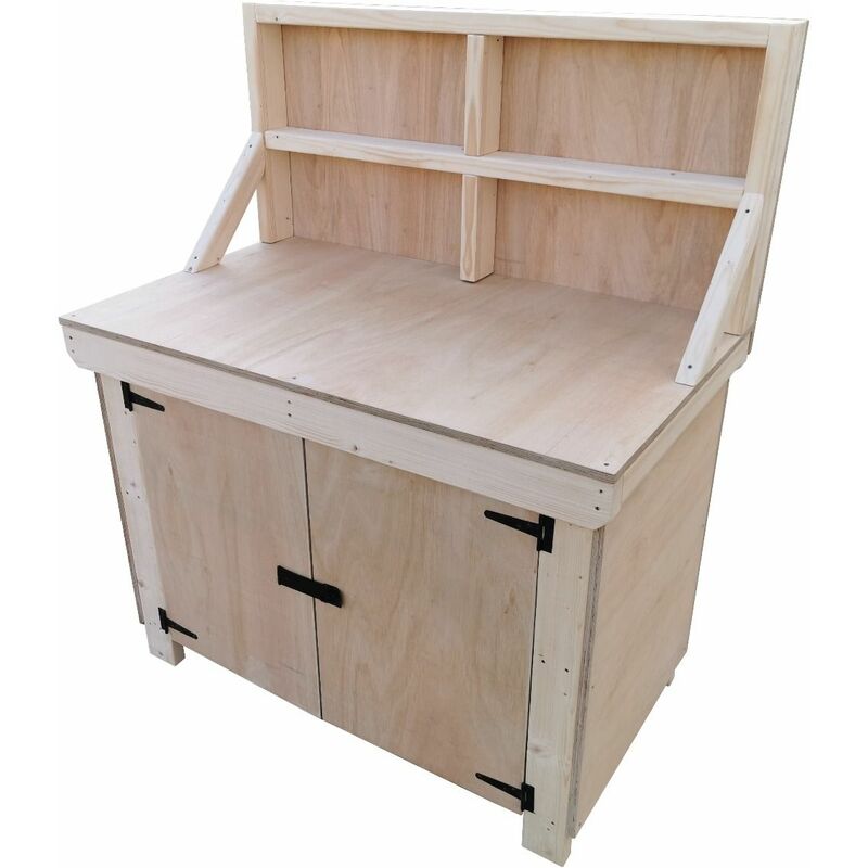 Wooden Work Bench 18Mm Eucalyptus Hardwood Ply Top With Lockable Cupboard-4Ft-With Shelf-With Back Panel-Standard Legs