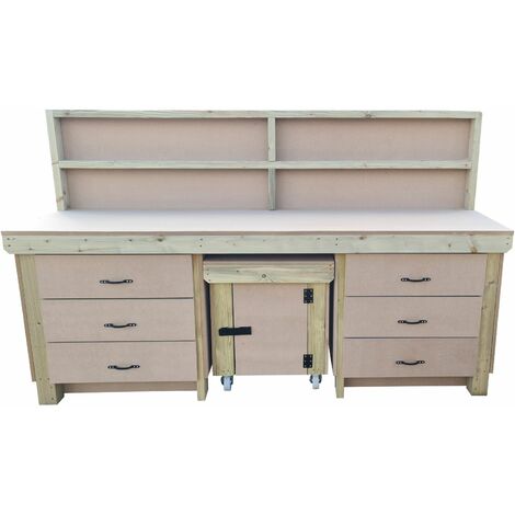 Wooden Work Bench With Drawers and Functional Lockable Cupboard-With Back Panel-5ft