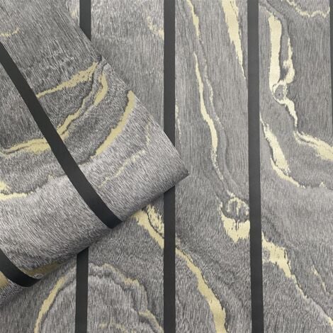 Woodgrain Panel Wallpaper Charcoal & Gold - 193503