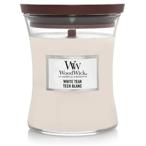 WOODWICK CANDELA CLESSIDRA MEDIA MEDIUM JAR WHITE TEAK PROFUMAZIONE CASA INTERNI