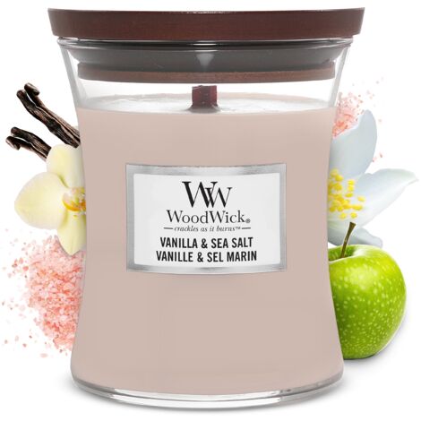Woodwick Candela Media con Stoppino Scoppiettante Vanilla and Sea Salt 60 Ore