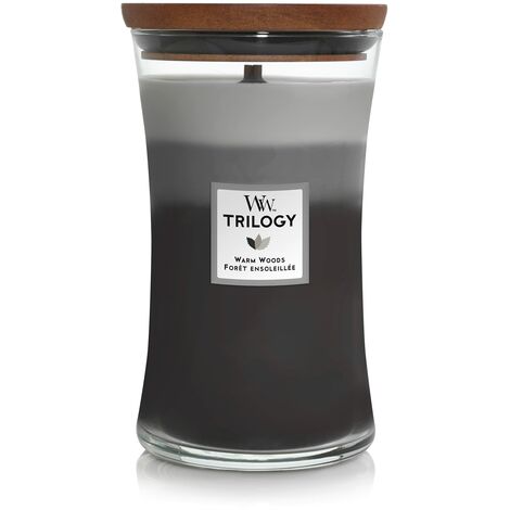 Woodwick Hourglass Trilogy Candela Profumata Grande con Stoppino Scoppiettante, Legno Caldo, Fino A 130 Ore, Cera, Multicolore, 10x10x18 cm