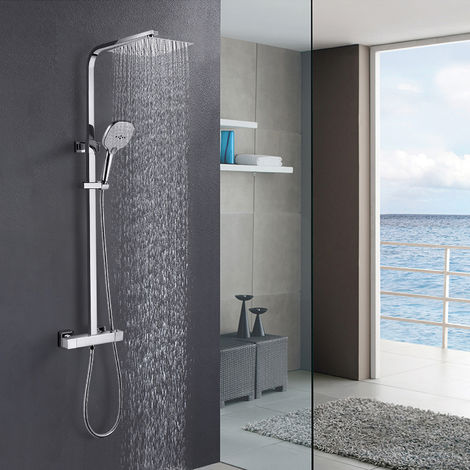WOOHSE Duschset Duschsystem mit Thermostat, Regendusche Duschsäule mit Kopfbrause und Handbrause, Edelstahl Duschstange Duscharmatur für Bad Dusche - Edestahl