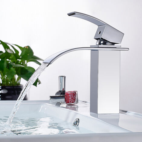 WOOHSE Robinet Lavabo Cascade Mitigeur Vasque Carré Robinetterie Lave-mains Monotrou à Monocommande en Laiton Chromé
