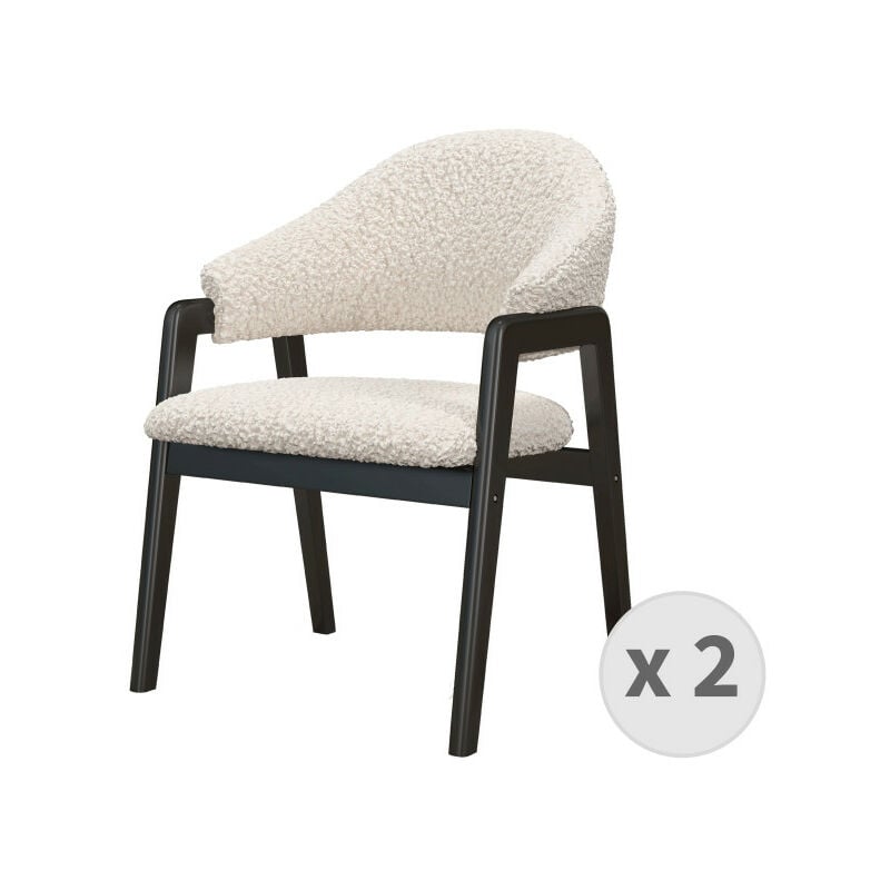 WOOL-Chaise en tissu bouclette Ecru et bois noir (x2) - Beige