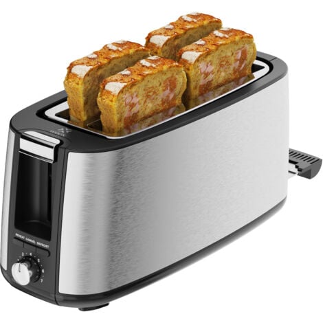 WOOX Grille-pain 4 tranches avec bac à miettes amovible, fentes extra larges, fonction réchauffage et croustillance, 7 niveaux de brunissage, 1400W, grille-pain inox brossé - Pain toast, bagels et gau