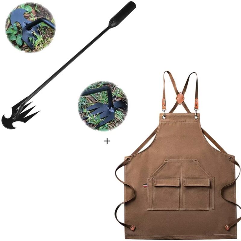 Work apron and Weeding Artifact Uprooting Weeding Tool - Portable Garden Weed Puller Weeding Artifact, 8 Teeth Manganese Steel Forged Hand Weeder for