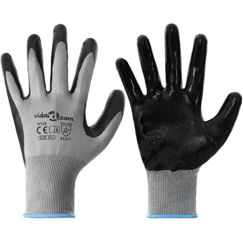Work Gloves 12 pcs Grey and Black 9 / L Polyester vidaXL