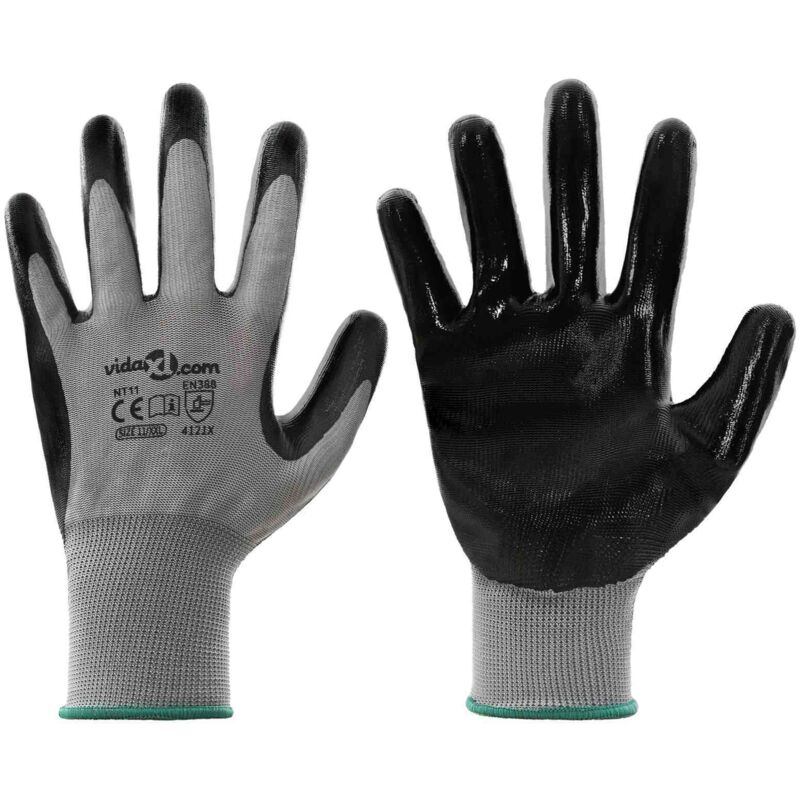 Work Gloves 12 pcs Grey and Black 11 / XXL Polyester vidaXL