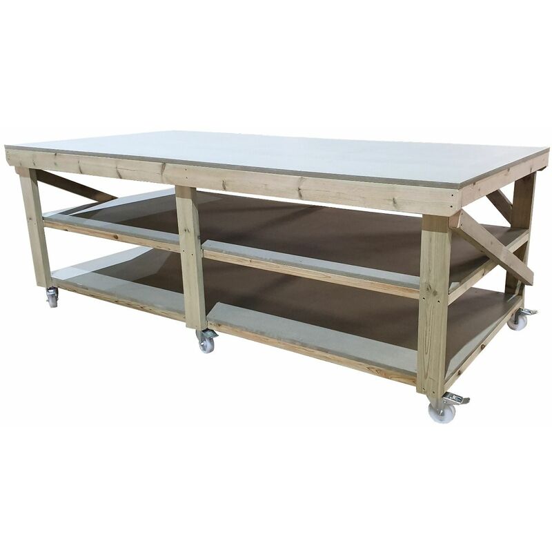 WorkBench uniMDF Top 3FT Wide With Wheels, 8ft (240cm) With wheels and Double shelf