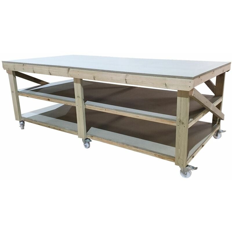 WorkBench uniMDF Top 3FT Wide With Wheels, 7ft (210cm) With wheels and Double shelf