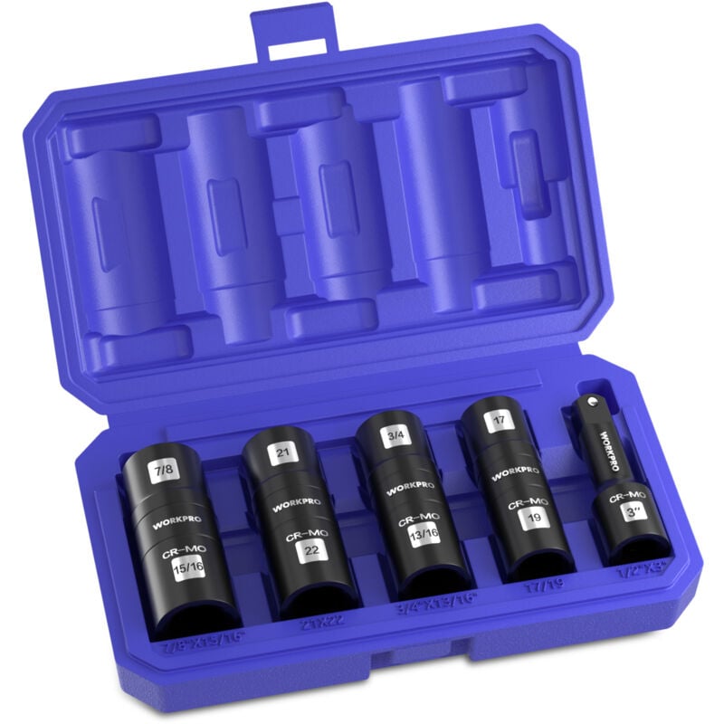 5 Pièces Douilles à Choc Hexagonale 1/2' Carré, Coffret Douilles Longue, Acier Cr-Mo, Rallonge 1/2', Convient pour Visseuses - Workpro