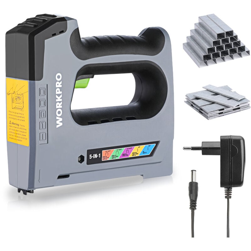 Workpro - Agrafeuse sans Fil 3,6V Multifonction 5 en 1 avec 2000 Agrafes, Compatible avec Agrafes Types 140, 53, 8, 9, T20, Agrafeuse Murale