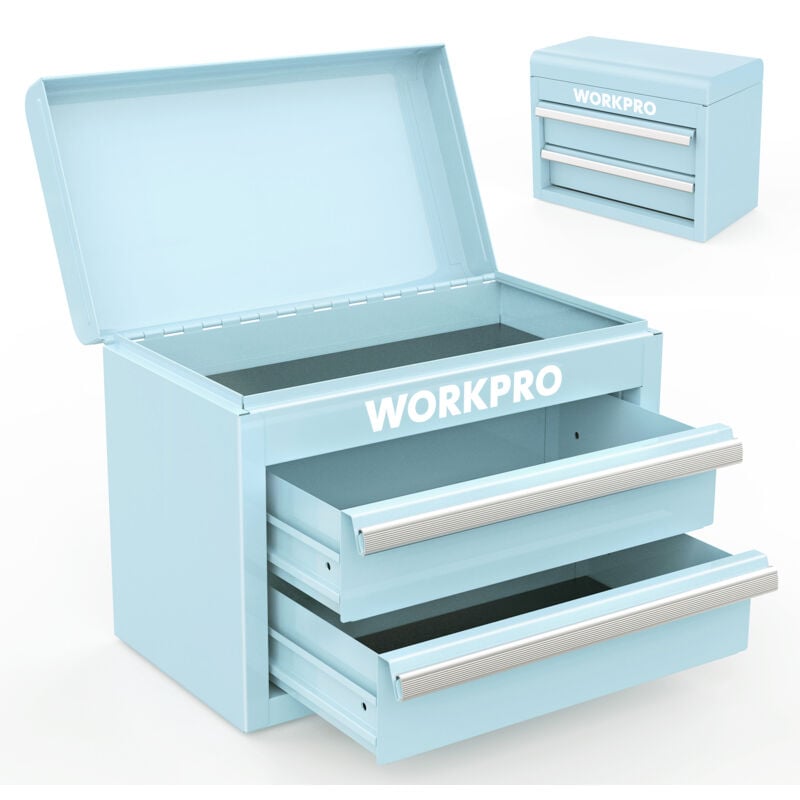 Workpro - Boite à Outils en Métal avec 2 Tiroirs et 1 Plateau Supérieur, Doublure pvc - Tapis Antidérapant - Verrouillage Magnétique, Caisse a Outil