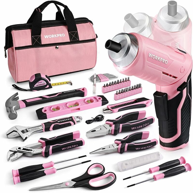 Workpro - Boîte à Outils Pink Rose 53 Pièces avec Tournevis sans Fil 3,7 v, Caisse à Outils Complete avec Sac Durable, Trousse à Outils Rose Parfait