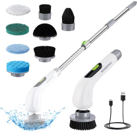 WORKPRO Brosse de Nettoyage Électrique Rotative, Brosse de Nettoyage sans Fil Rechargeable avec 8 Brosses Remplaçables, Poignée Extensible 30 à 120 cm, 3 Vitesses Réglages, IPX6, pour Salles de Bains