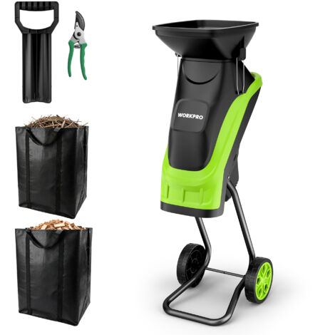 WORKPRO Broyeur de Végétaux Électrique 2500W, Coupe Max 44 mm, Lames SK5 Double Tranchant, 2 Sacs 45L, Trémie 7L, Roues 18 cm, avec Sécateur Inclus, pour Branches, Déchets Verts et Tailles de Jardin