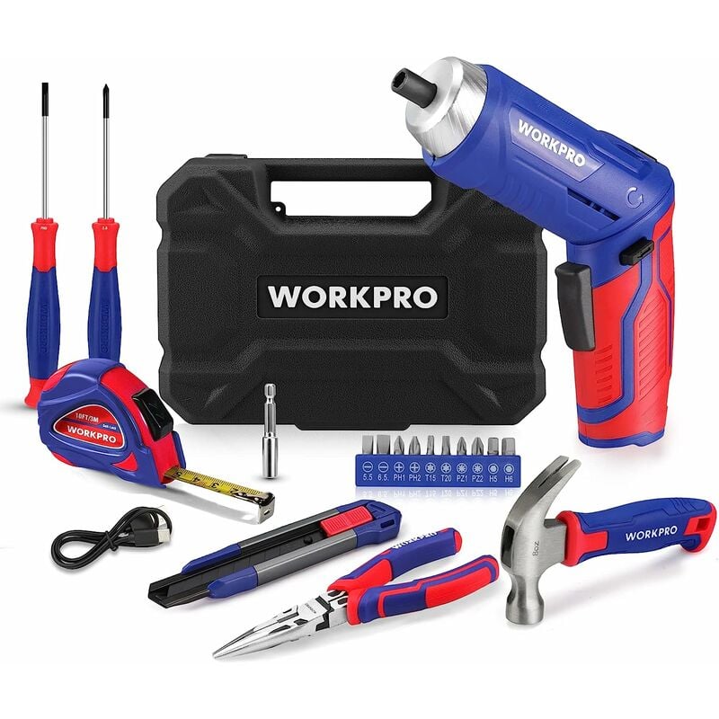 Workpro - Caisse à Outils Bleu 18 Pièces avec Tournevis Electrique 3,7 v, Trousse à Outils avec Boîte de Rangement, Mallette à Outils pour Usage