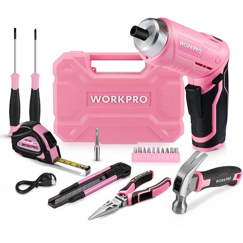 Workpro - Caisse à Outils Rose 18 Pièces avec Tournevis Electrique 3,7 v, Trousse à Outils avec Boîte de Rangement, Mallette à Outils pour Usage