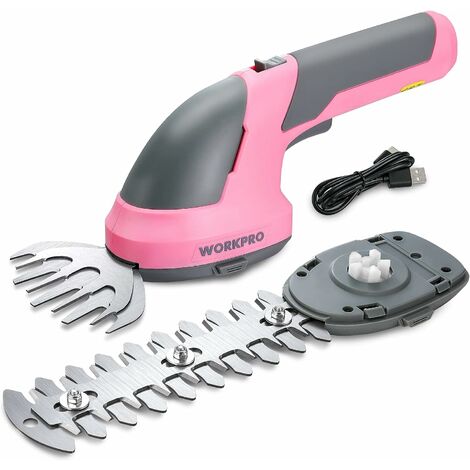 WORKPRO Cisaille Sculpte-Haie et Taille-Herbes sans Fil 7,2V, Cisaille à Gazon avec 2 Lames, Taille Haie Electrique 2 en 1 avec Batterie 2000 mAh, Câble de Charge(Rose)
