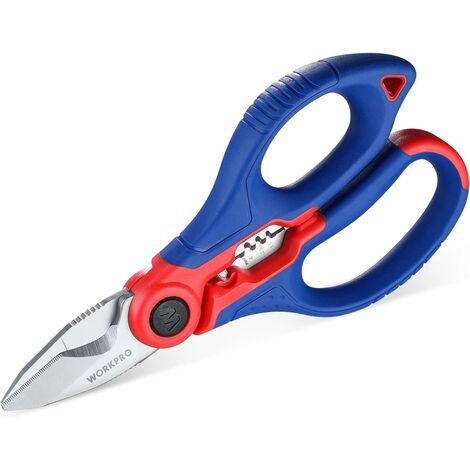 Workpro – Ciseaux d'électricien 2 en 1 avec étui – Dénudeur de câble – Acier inoxydable – Longueur 162 mm – Coupe précise pour travaux lourds
