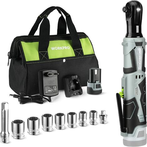Workpro – Clé à cliquet électrique sans fil 12V – Couple 55Nm – Charge rapide 1h – Batterie 2.0Ah – Lumière LED – 9 douilles et sac de rangement
