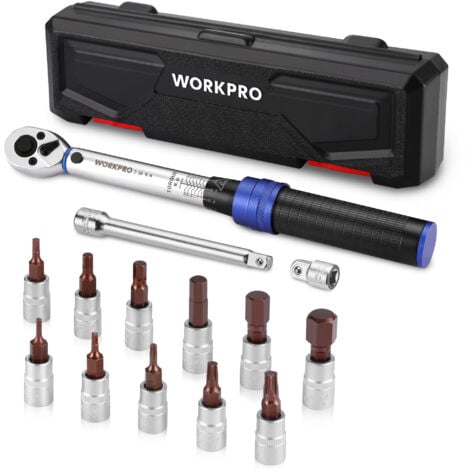 WORKPRO Clé Dynamométrique 1/4’’, Clef Dynamométrique Vélo 2-26N.m, Précision ±3%, 72 Dents, Tête à Cliquet Réversible, Barre d'Extension, Adaptateur 1/4’’X3/8’’, 11 Douilles Torx/Hexagonal pour Vélo