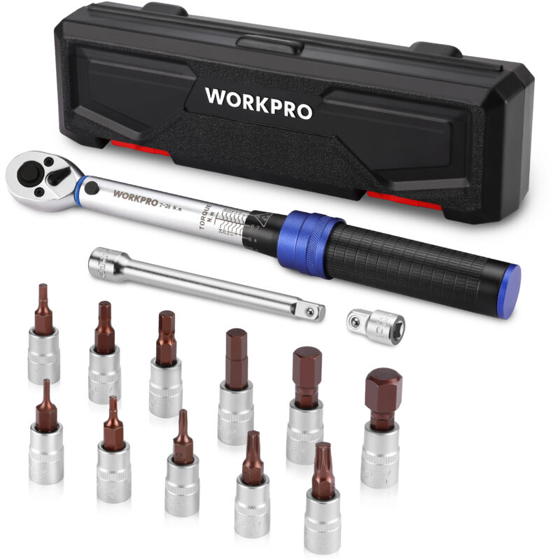 Clé Dynamométrique 1/4'', Clef Dynamométrique Vélo 2-26N.m, Précision ±3%, 72 Dents, Tête à Cliquet Réversible, Barre d'Extension, Adaptateur