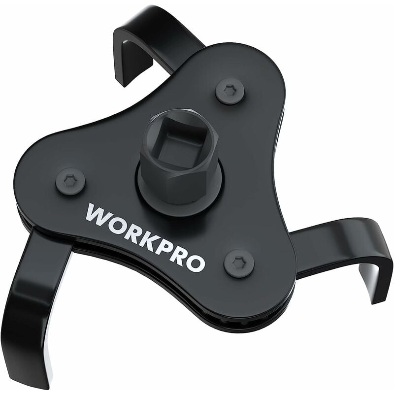 Workpro - Clé Filtre à Huile 3 Griffes Réglable pour 70-110mm, Mouvement dans 2 Sens et 3 Types de Connection - Clé à Cliquet de 3/8, 1/2 et Clé de