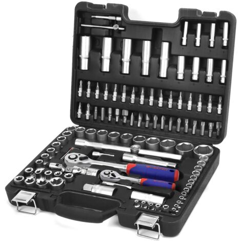 Workpro – Coffret cliquet et douilles 1/2-inch et 1/4-inch – 108 pièces en acier Cr-V – Dégagement rapide – Barres d’extension pour espaces étroits