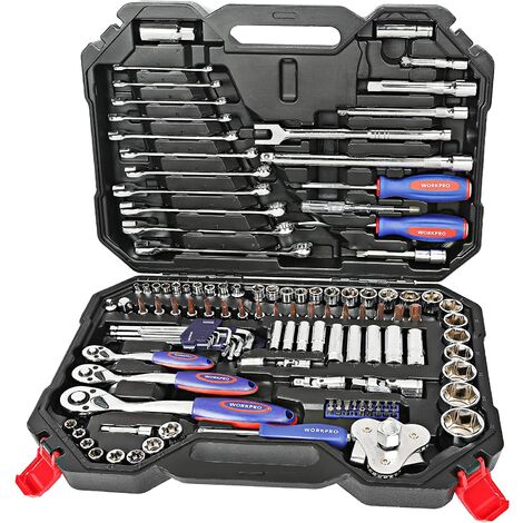Workpro – Coffret cliquet et douilles 123 pièces – Acier chrome-vanadium – Clés à cliquet 1/4'', 3/8'', 1/2'' – Mallette de rangement