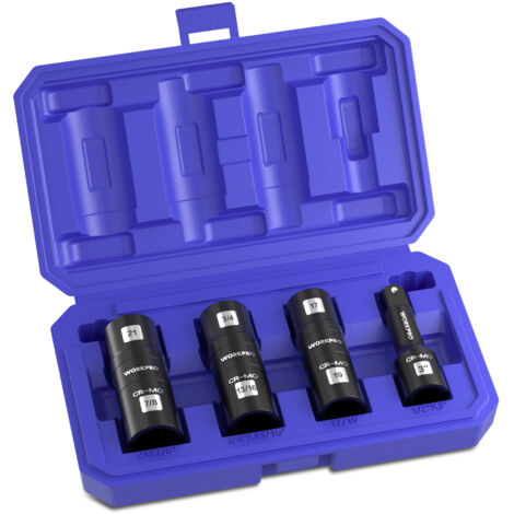 Workpro – Coffret de 4 douilles à choc hexagonales 1/2' – Acier Cr-Mo – Dimensions 17/19/21 mm, 7/8', 3/4', 13/16' – Rallonge 1/2' pour visseuses