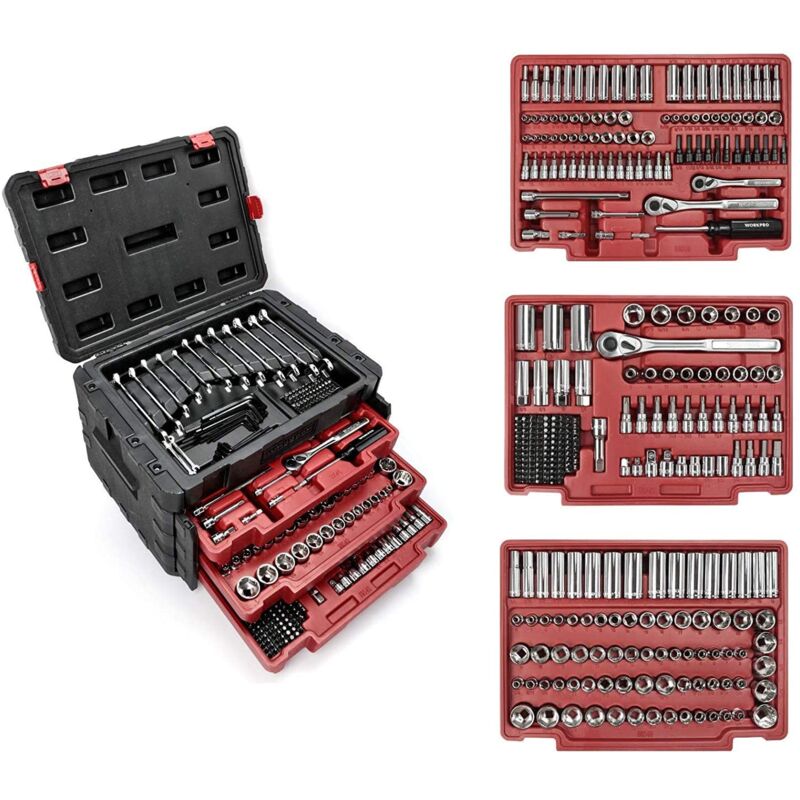 WORKPRO Coffret de Douilles et Embouts Kit d’Outils Universelle et Professionnelle pour Réparation Mécanique avec Boîte Lourde à 3 Tiroirs 450-Pièce