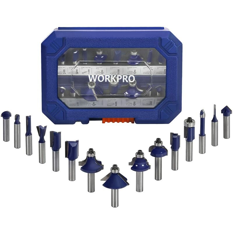 Workpro - Coffret de Fraises Défonceuses à Tige de 8 mm 15 Pièces, Fraises à Rainurer en Acier au Tungstène pour la Finiation du Bois Divers