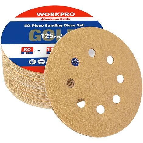 Workpro – Disques abrasifs 125mm – Lot de 50 pièces – Assortiment grains 80/120/240 – Résistance 3x supérieure pour ponçage métal et bois