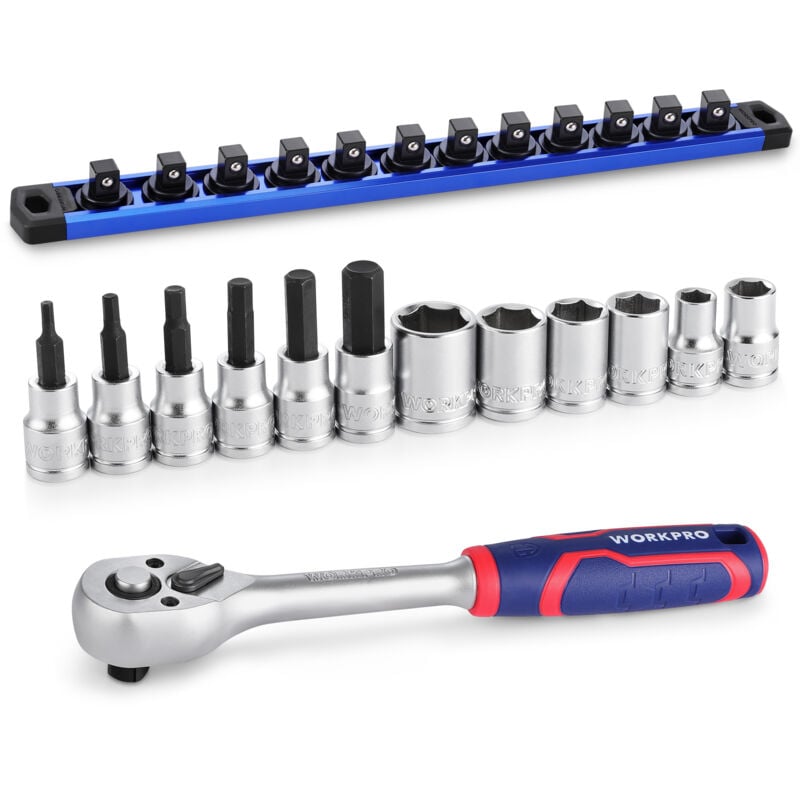 Workpro - Ensemble de Clés à Cliquet 3/8' à Dégagement Rapide, 72 Dents, Douilles Cr-V et Barre Magnétique pour Douilles - 14 Pièces, Outil pour