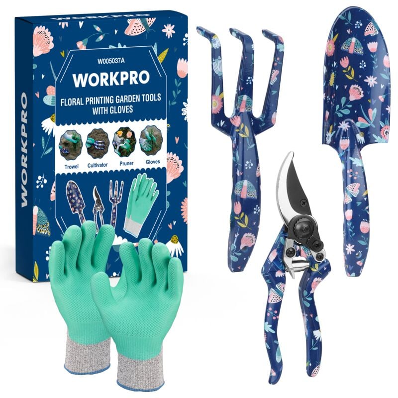 Workpro - Ensemble d'Outils de Jardinage 4 Pièces, Outils en Acier Inoxydable avec Gants, Sécateur, Truelle de Jardin, Râteau à Main, Idéal pour