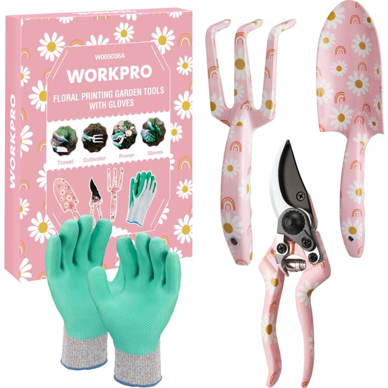 Workpro - Ensemble d'Outils de Jardinage 4 Pièces, Outils en Acier Inoxydable avec Gants, Sécateur, Truelle de Jardin, Râteau à Main, Idéal pour