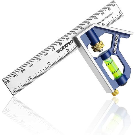 Workpro – Règle d'angle combinée 150mm en acier inoxydable – Équerre avec niveau à bulle et tire-lignes – Mesure angles droits et 45°