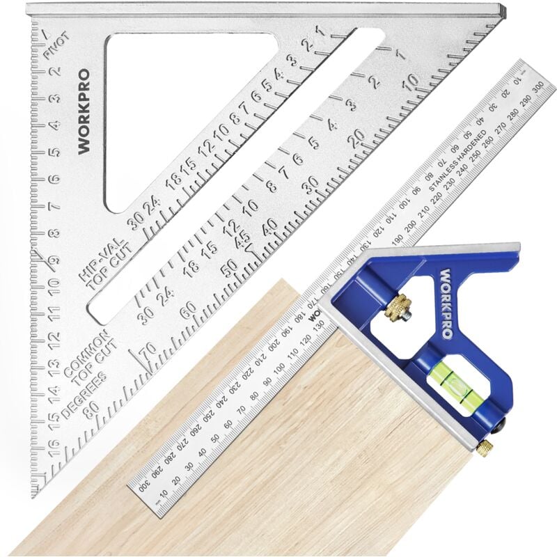 Workpro - Equerre Menuisier 300 mm et Equerre Charpentier Triangulaire 180mm, Equerre Combinée avec Niveau à Bulle en Acier Inoxydable, Ensemble