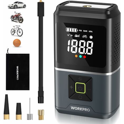 Workpro – Gonfleur électrique 150 PSI – Compresseur à air portable 7,2 V avec batterie 5000 mAh – 4 modes de gonflage pour pneus voiture, vélo, ballon